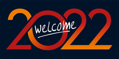 以红色和黄色曲线为基础的图形贺卡，迎接2022年。