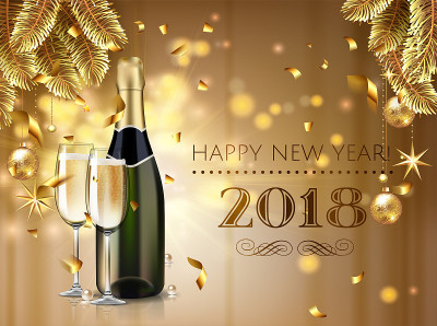 庆祝庆祝新年快乐香槟酒瓶与玻璃在现实的风格。贺卡或优雅的节日派对邀请与金色圣诞树，五彩纸屑。EPS1