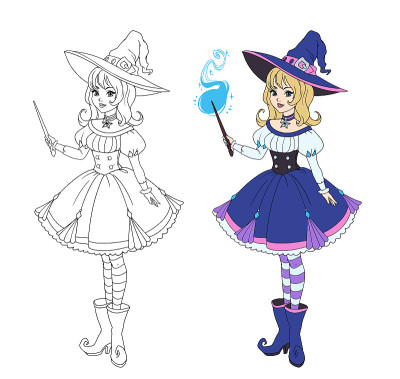 Beautiful anime witch holding magic wand. Blonde h