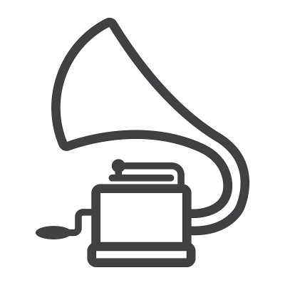 留声机线图标，音乐和乐器，留声机符号矢量图形，白色背景上的线性图案，eps 10。