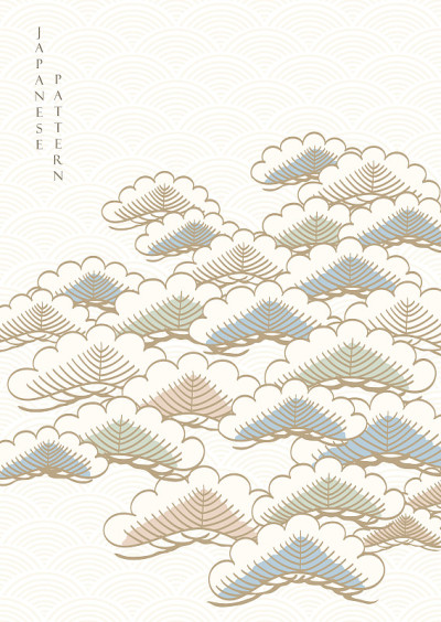 手画波浪背景与日本模式矢量。抽象艺术旗帜与几何装饰在复古风格。