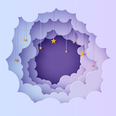 夜空彩云圆框上系着星星，绳子上系着剪纸。剪出3d背景与紫色和蓝色渐变云景观剪纸艺术。向量卡为祝愿晚安