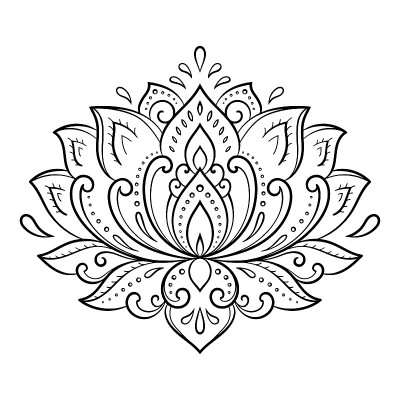 莲花曼海蒂花图案的指甲花绘画和纹身。东方、印度风格的装饰。涂鸦装饰。轮廓手绘矢量插图。