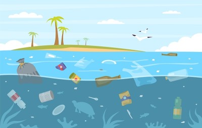 海洋垃圾。漂浮在水中的塑料垃圾。海景与污染的海洋和热带岛屿。生态系统的破坏。海洋动物在残骸中游动。向
