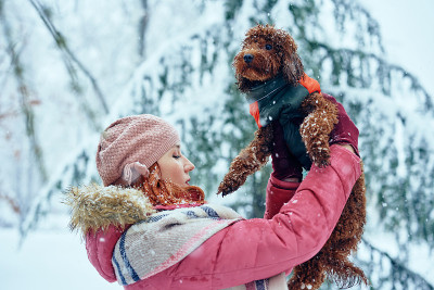 女人和她的狗在户外享受雪天