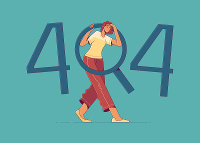 年轻女子正在404错误符号中寻找东西