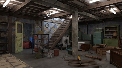 3D插图砖地下室与不必要的过时的东西