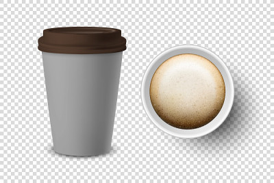 向量3d现实灰色一次性关闭和打开纸，塑料咖啡杯饮料与棕色盖设置特写孤立在透明背景。设计模板模型。顶视