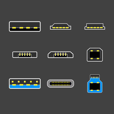 USB type A, B and USB type C plugs, micro, lightni