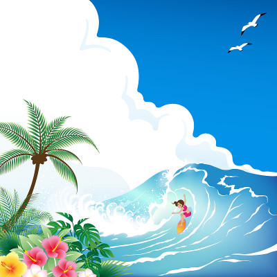 冲浪女孩与冲浪板在热带的蓝色波浪