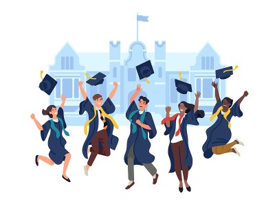 跳的毕业生。快乐学生团体向教学楼投掷学术帽。人们穿着黑色的斗篷和帽子。大学毕业的背景。向量教育理念