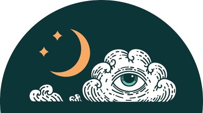 纹身风格的图标，一个月亮，星星和云