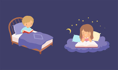 可爱的小男孩和女孩躺在柔软的云和床在晚上和阅读睡前故事向量集