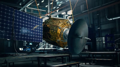 在黑暗的航天技术制造设施中建造的卫星。空间探索、导航、通信、互联网通信、观测等航天器的研制。