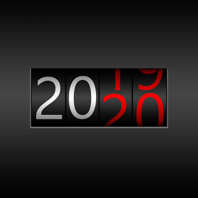 2020. 新年黑色里程表黑色背景- 2020年设计，里程表风格与白色和红色的数字