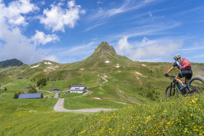 在奥地利佛拉尔伯格的阿尔卑斯山上骑电动山地车的老妇人