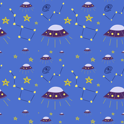 矢量空间模式在一个平坦的风格与蓝色背景。外星人，星座，流行颜色的星星。适用于纺织品、包装、儿童用品、