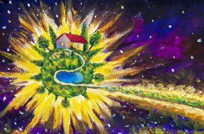 为童话故事和书绘制插图-小舒适的绿色星球与村庄房屋。奇幻油画、小王子星球奇幻概念艺术