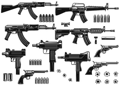 一套武器的插图。突击步枪，乌兹冲锋枪，左轮手枪，手枪，子弹，弹孔。设计元素的标签，标志，海报，卡片，