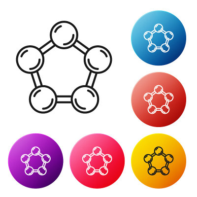 黑线分子图标孤立在白色背景上。化学分子结构，科学教师创新教育海报。设置彩色圆形按钮图标。向量