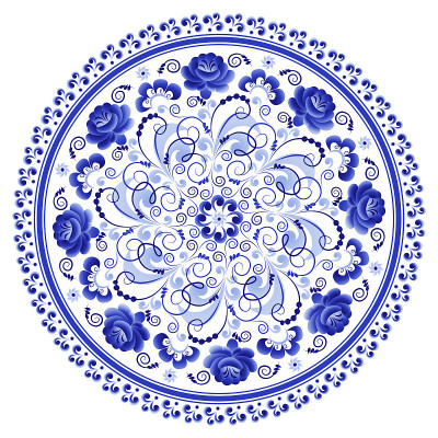 Round floral element in Russian folk style Gzhel