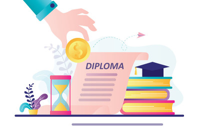 成堆的书，文凭和大学帽。为学习而存钱的横幅