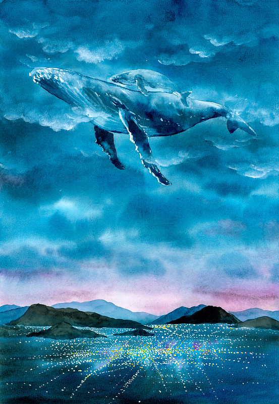 水彩画-潜水与鲸鱼在太空