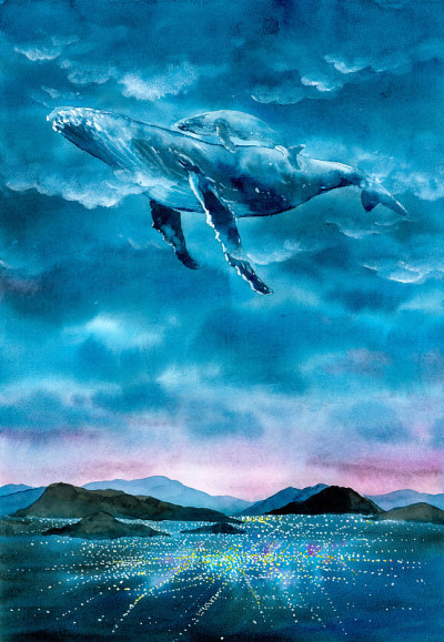 水彩画-潜水与鲸鱼在太空