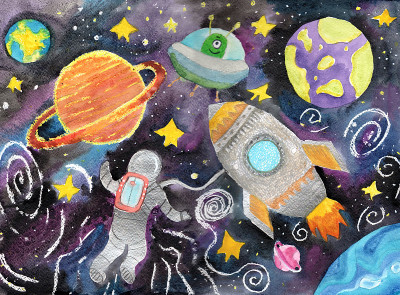 水彩画的孩子画太空行星火箭