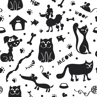 猫+狗无缝图案黑白两色