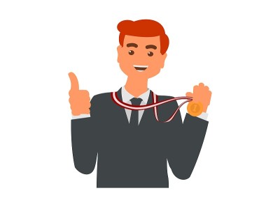 持有奖章的男性员工。简单的平面插图。