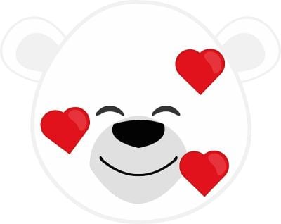 Vector emoticon插图卡通的北极熊的头表达喜悦，在爱包围的心