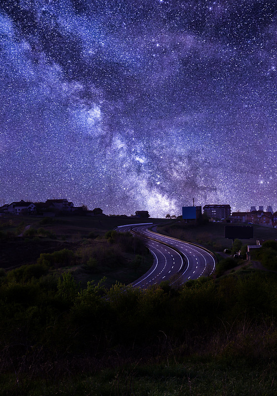 空旷的E-75高速公路在塞尔维亚贝尔格莱德弯道，夜晚星空和银河。长曝光银河。