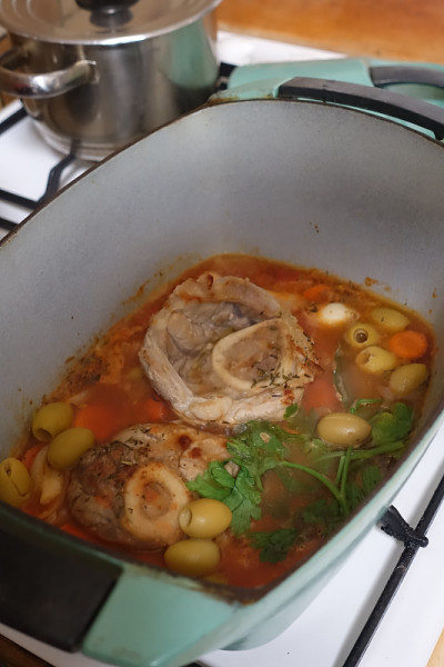 Veal marengo Simmered dish in a cast iron casserol