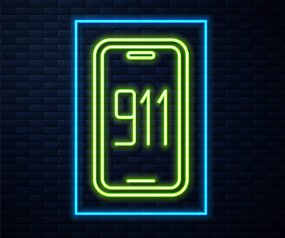 发光的霓虹灯线移动电话紧急呼叫911图标孤立在砖墙背景。警察，救护车，消防队，电话，电话。向量