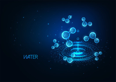 未来的美容研究旗帜概念与发光低多边形水分子和水坑