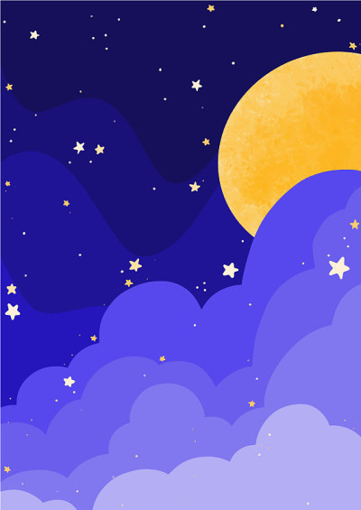 夜空上的圆月云和星星插图背景，用于装饰夜晚的庆祝会，梦想和空间概念。