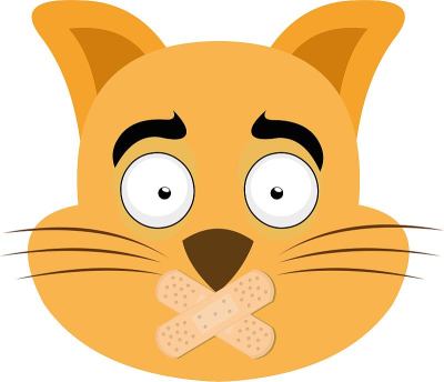 矢量表情插图卡通猫的头与两个交叉的创可贴在他的嘴，沉默的概念