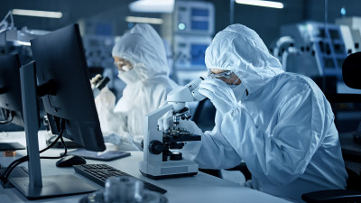 研究工厂洁净室:工程师/科学家穿着工作服和手套使用显微镜检查主板微处理器组件，开发高科技现代电子