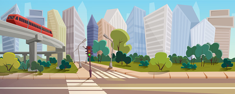 现代城市十字路口卡通景观矢量插图背景概念
