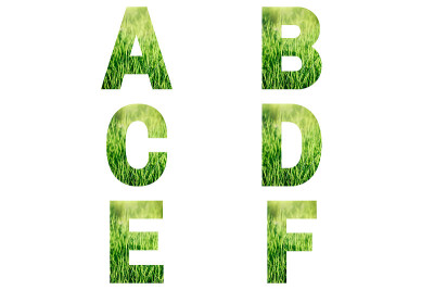 绿色字体字母a, b, c, d, e, f以新鲜的草为背景。