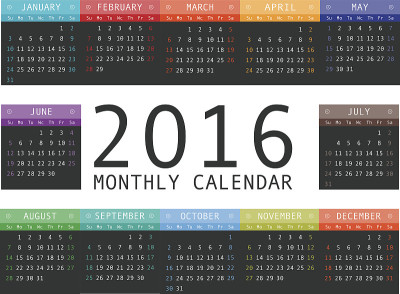 2016年矢量日历网格。严格的设计。