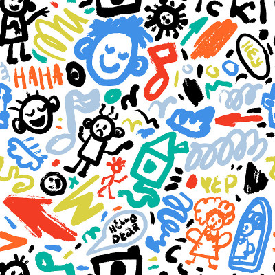 可爱的画笔或铅笔绘制矢量插图。涂鸦和字母无缝模式。脸、人、相机、音符、病毒、镜子、房子、云、箭等搞笑