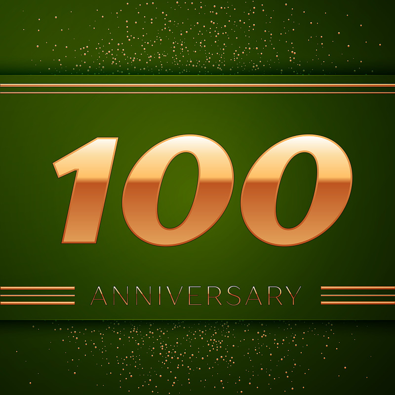 现实的100周年庆典标志。绿色背景上的金色数字和金色五彩纸屑。彩色矢量模板元素为您的生日派对