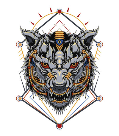机械狼徽章的插图。wolve设计模板