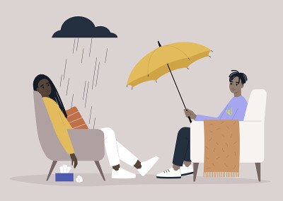 心理治疗，病人坐在雨云下，专家给他们一把伞