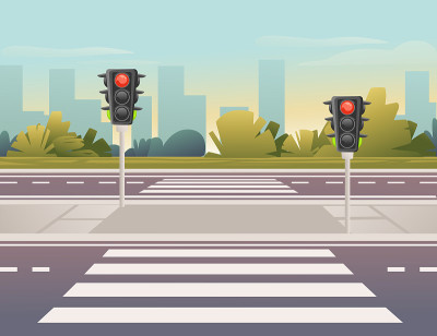 空的城市道路与人行横道和交通灯晴天与清晰的天空矢量插图