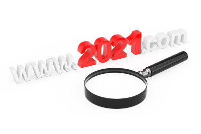 2021年新年概念。WWW 2021网站名称与放大镜。3d渲染