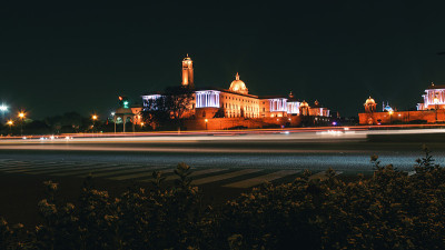 晚上的Rashtrapati Bhawan。新德里的夜间摄影。