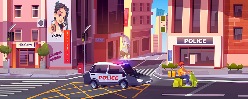 警察巡逻队在街上追赶骑摩托车的快递员